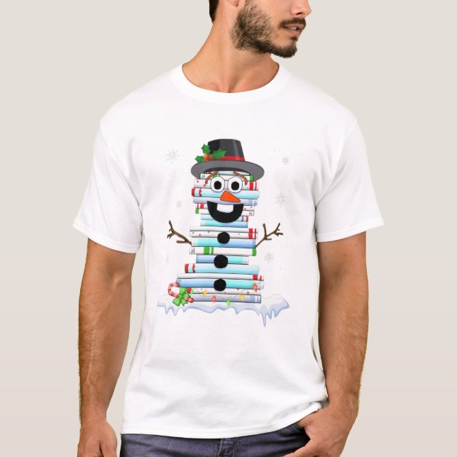 Jul snögubbe Bok Stack Librarian Bok Älskare T Shirt (Framsida)