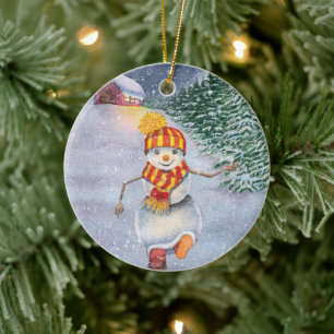 Jul snögubbe går julgransprydnad keramik
