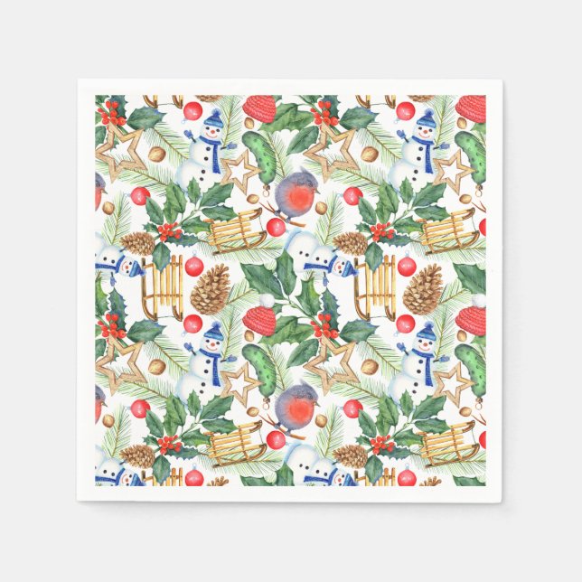 Jul Snögubbe, Gräs Cones, Holly, Sled, Star Pappersservett (Framsidan)