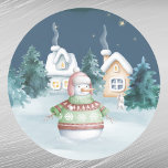Jul Snögubbe Houses Rabbit Träd Watercolor Runt Klistermärke<br><div class="desc">Vattenfärgshus med snögubbe,  kanin,  gräs träd och snö under en stjärnbelyst natt.</div>