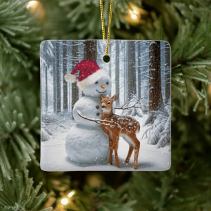 Jul Snögubbe Hugger en Fawn Julgransprydnad Keramik