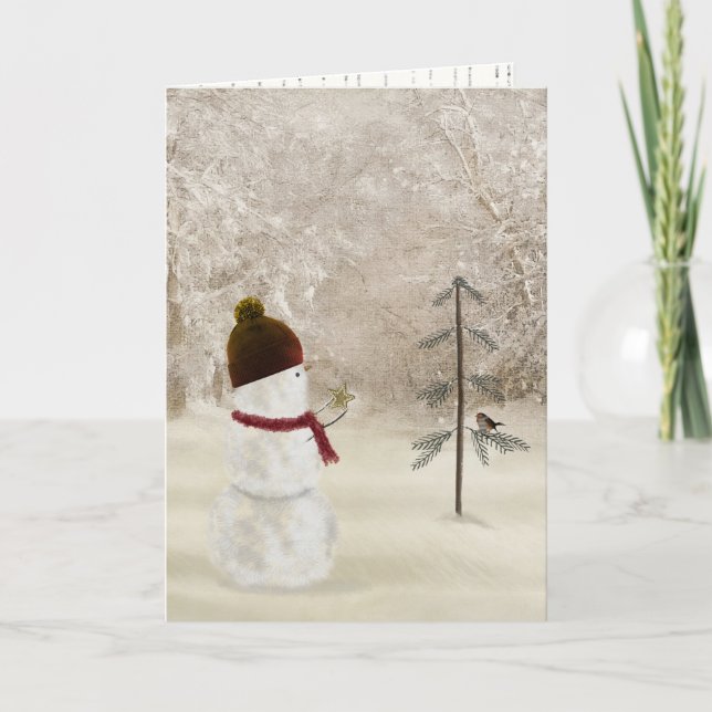 Jul Snögubbe med Guld Star Helgkort (Framsida)