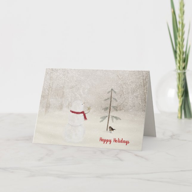 Jul snögubbe med guld stjärna i snö tack kort (Framsida)