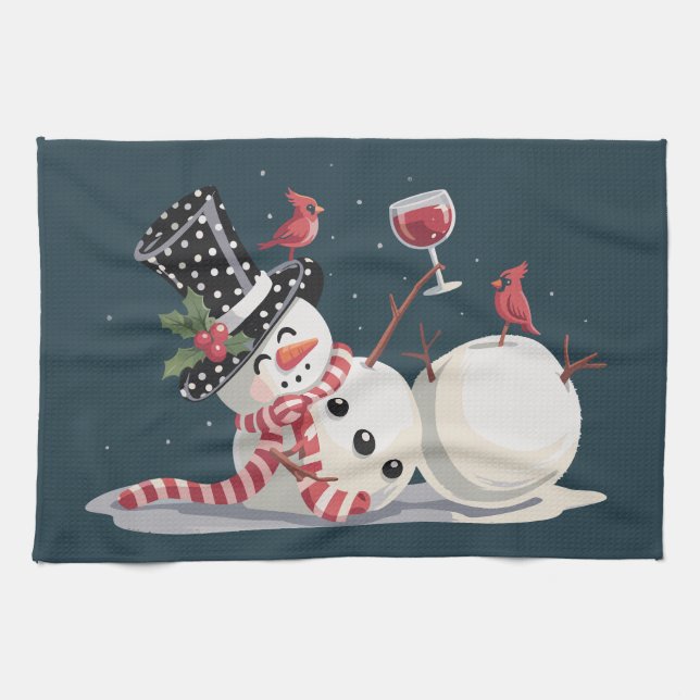 Jul Snögubbe med Vin Gift Julafton som dricker Kökshandduk (Horisontell)