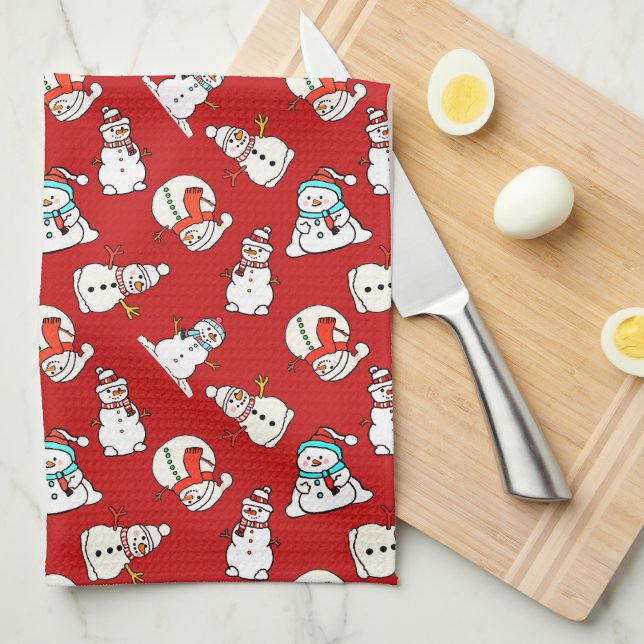 Jul Snögubbe Mönster Red Kökshandduk (Vikt i Fjärdedel)