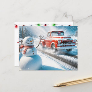 Jul Snögubbe och Red Retro Lastbil Helg Vykort