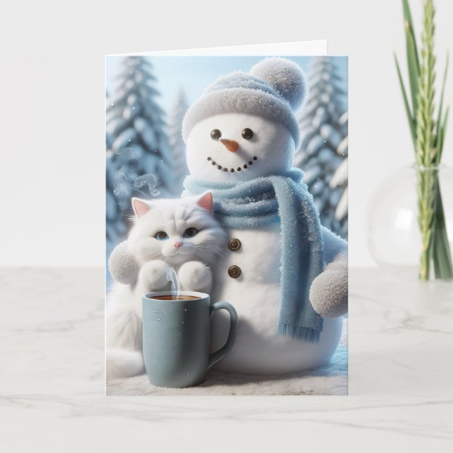 Jul Snögubbe och vit katt Helgkort (Framsida)