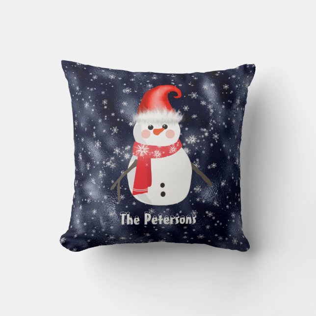 Jul Snögubbe om Mörk blått snöbakgrund Kudde (Framsida)