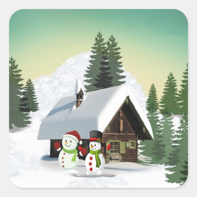 Jul Snögubbe Scene Fyrkantigt Klistermärke (Framsida)