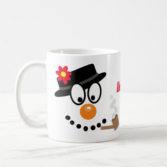 Jul Snögubbe Tecknad Ansikte med Namn Kaffemugg (Vänster)