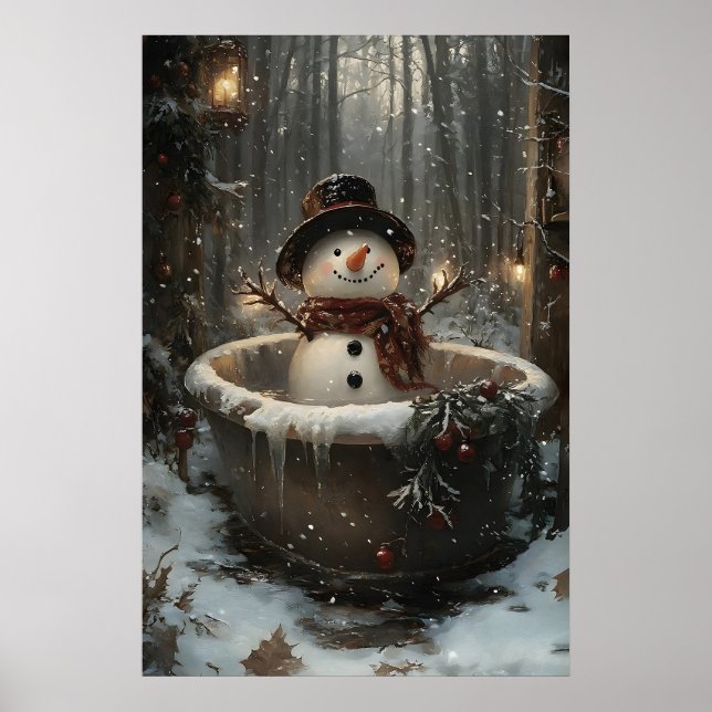 Jul snömannen tar badkarseftertryck, vinter poster (Framsidan)