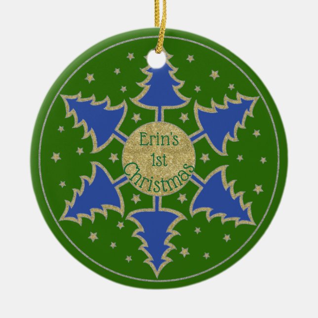 Jul "Snowflake Bl Träd" Ornament Personalize (Framsidan)