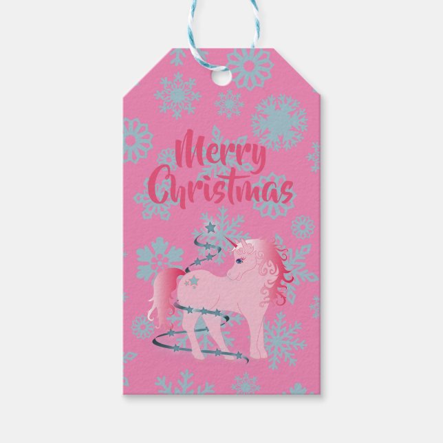 Jul Snowflake Cute Rosa Unicorn Presentetikett (Framsidan)