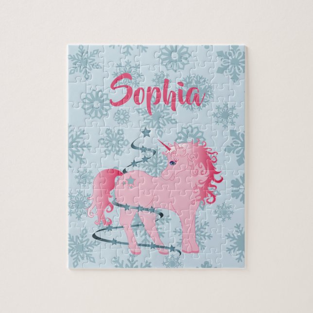 Jul Snowflake Cute Unicorn Blue Rosa Pussel (Vertikal)