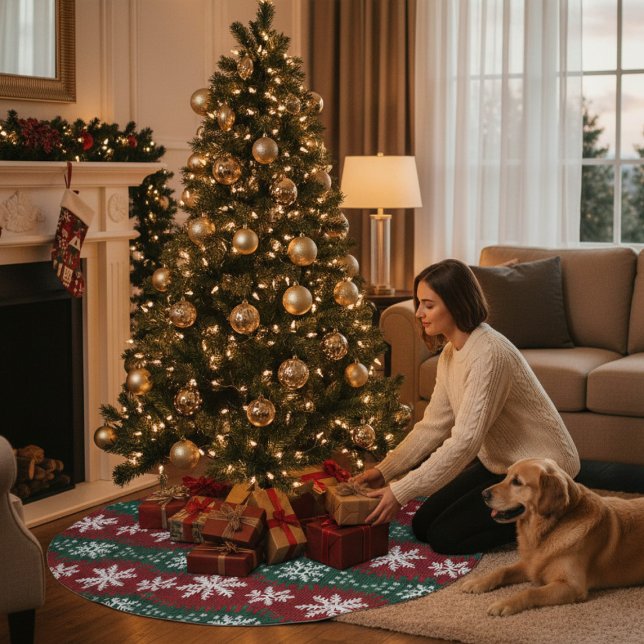 Jul Snowflake Faux Knkunnig Red Grönt Mönster Julgransmatta Borstad Polyester (Skapare uppladdad)