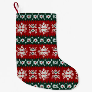 Jul Snowflake Faux Knkunnig Red Grönt Mönster Liten Julstrumpa