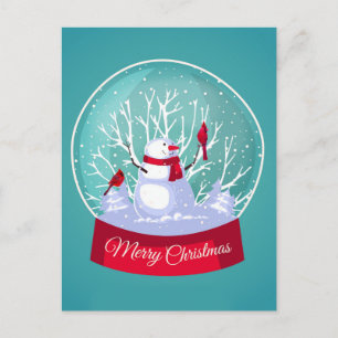Jul Snowglobe Snögubbe Kardinalrödfåglar Vykort