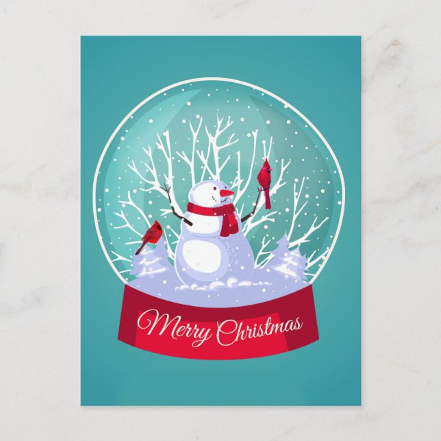 Jul Snowglobe Snögubbe Kardinalrödfåglar Vykort (Framsida)