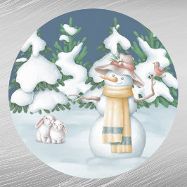 Jul Snowwomen Rabbits Träd Snö Watercolor Runt Klistermärke