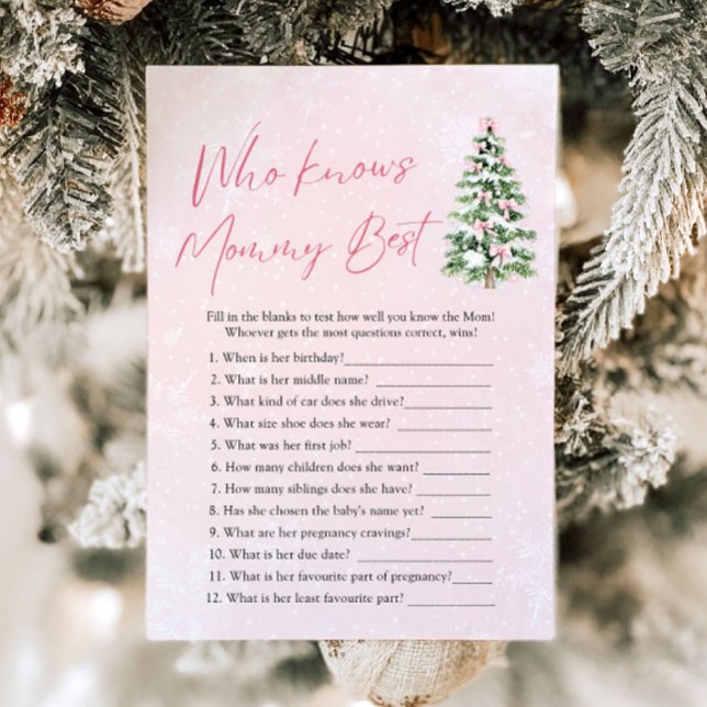 Jul som känner Mamma Best Baby Shower Game Inbjudningar (Pink Bows Christmas Who Knows Mommy Best Baby Shower Game )