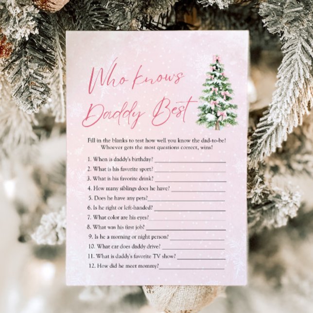 Jul som känner pappa Best Baby Shower Game Inbjudningar (Pink Bows Christmas Who Knows Daddy Best Baby Shower Game )