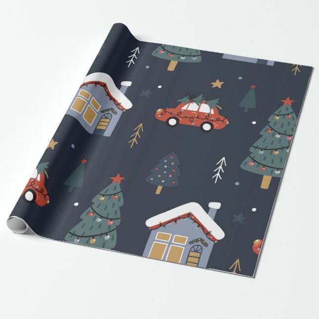 Jul, sömlös mönster med julgran, bil presentpapper (Utrullad)