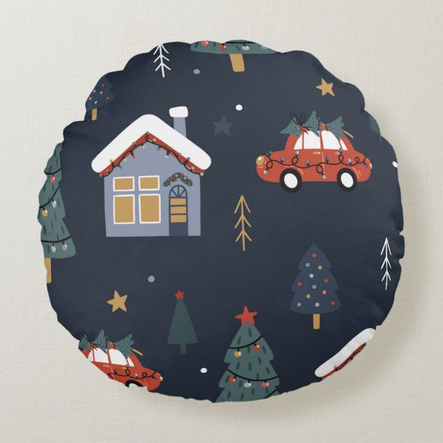 Jul, sömlös mönster med julgran, bil rund kudde (Framsidan)