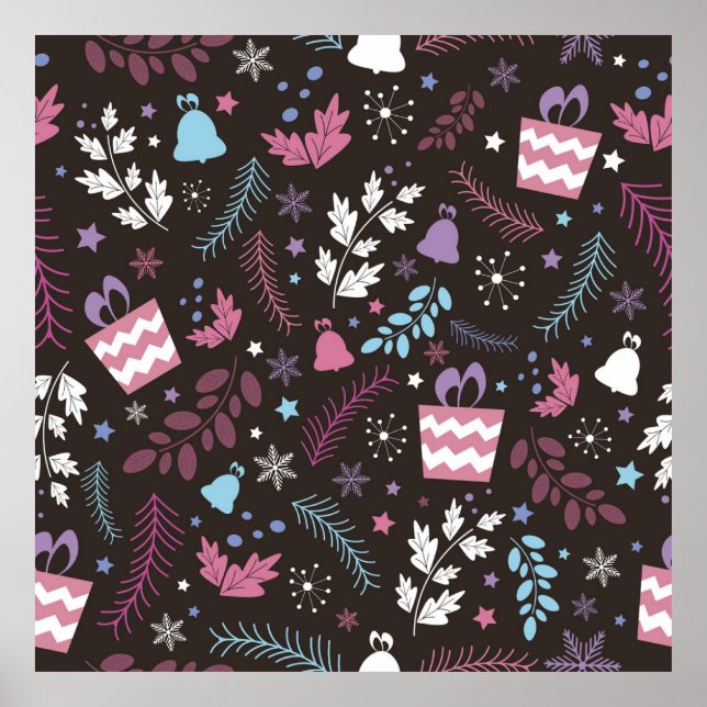 Jul, sömlös mönster med träd, snö, gåva poster (Framsidan)