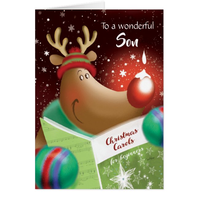 Jul Son. Snowdrop på röd näshjort Hälsningskort (Framsidan)