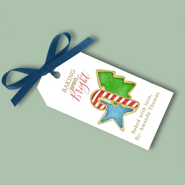 Jul Söt Bakning Andar Ljus Roliga Kakor Presentetikett (Christmas cute whimsical cookies colorful holiday gift tag. )