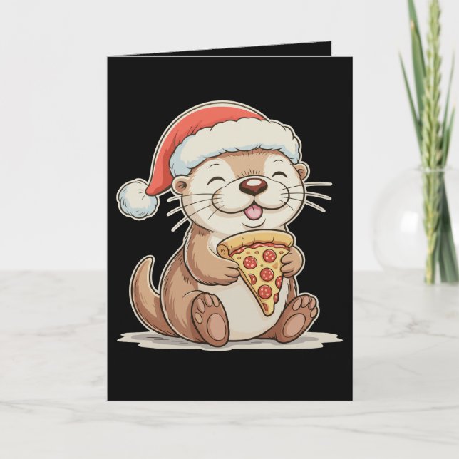 Jul Söt utter som äter pizza jultomte mössa Helgkort (Framsida)
