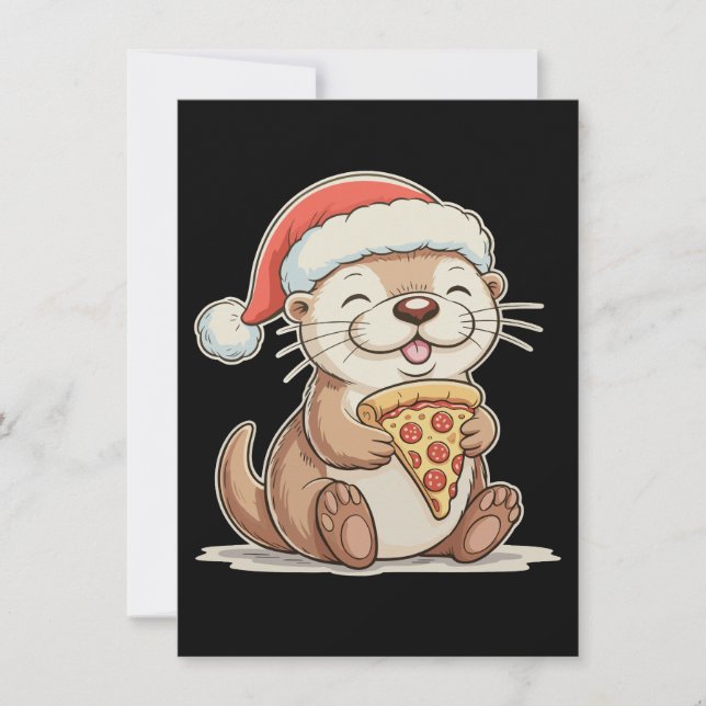 Jul Söt utter som äter pizza jultomte mössa Julkort (Framsida)