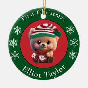 Jul söta teddybjörn unge röda gröna ljus julgransprydnad keramik