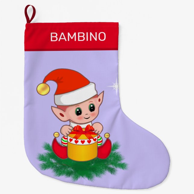 Jul söta tomte på blekblå stor julstrumpa (Framsidan)