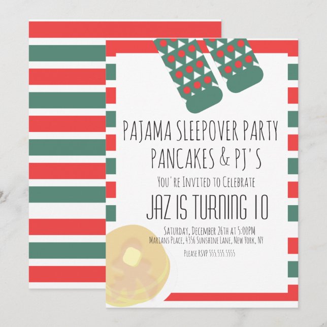 Jul Sovmässa Pyjamas Pannkakor Födelsedag Inbjudningar (Fram/baksida)