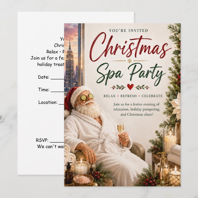 Jul Spa Party Inbjudan med Tomte  (Fram/baksida)