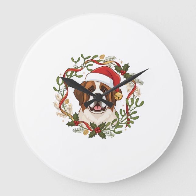 Jul St Bernard Hund Santa Hatt Julkrans Stor Klocka (Framsida)