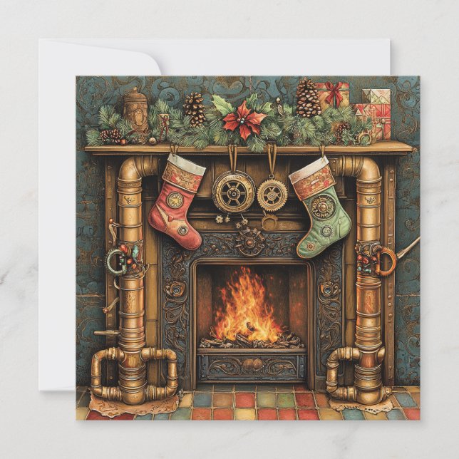 Jul Steampunk Fireplace Greeting Card (Framsida)