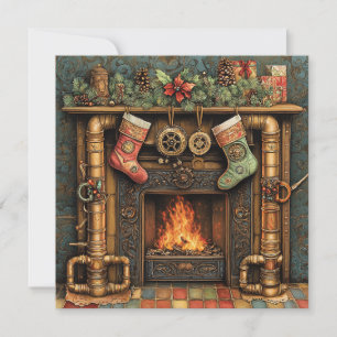 Jul Steampunk Fireplace Greeting Card