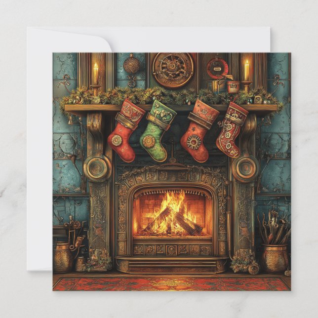 Jul Steampunk Fireplace Greeting Card (Framsida)