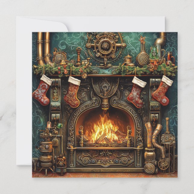Jul Steampunk Fireplace Greeting Card (Framsida)