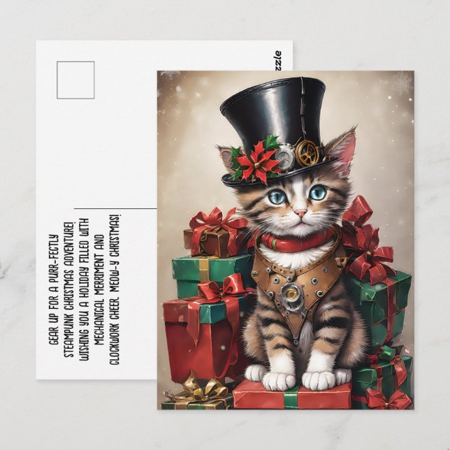 Jul Steampunk Tabby Kitten Vykort (Fram/baksida)