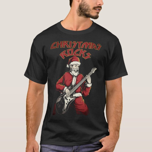 Jul Sten Santa med Guitar T Shirt (Framsida)