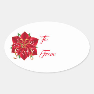 Jul Stickers-Red Poinsettia Oval Sticker Ovalt Klistermärke