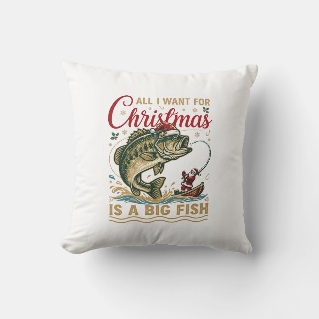 Jul Stor Fisk Bas Santa Båt Fiske Kudde (Framsida)