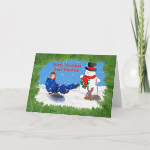 Jul stor- sonson, pojke på sleden, snögubbe helgkort