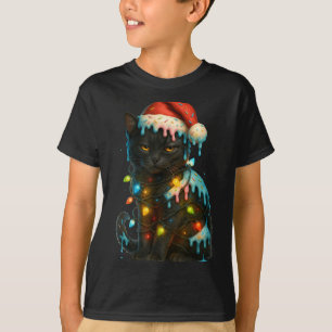 Jul Svart Katt Glass Dropp Santa Hatt Söt T Shirt