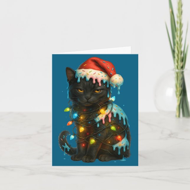 Jul Svart Katt Glass Drupe Santa Hatt Söt  Kort (Framsida)
