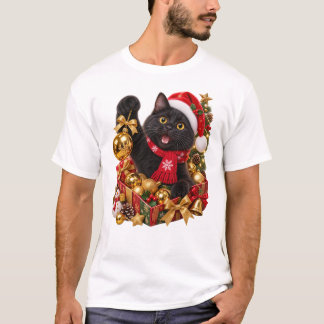 Jul Svart Katt Med Gyllene Ornament T Shirt