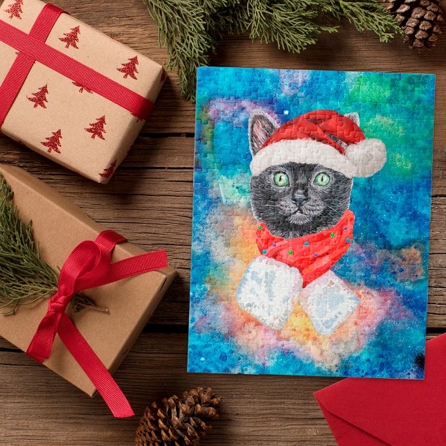 Jul Svart Katt med Röd Halsduk Högtid Pussel (Skapare uppladdad)